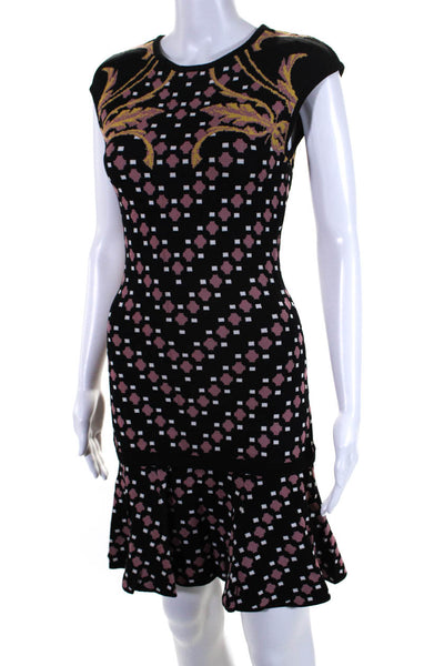 Hale Bob Womens Black Printed Crew Neck Cap Sleeve Shift Dress Size XS