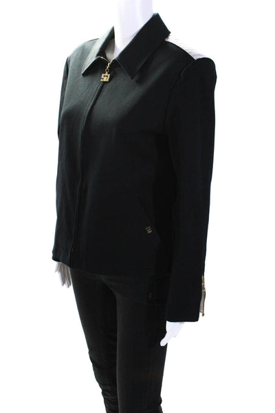 St. John Sport Womens Striped Satin Full Zip Twill Waistcoat Jacket Black Medium