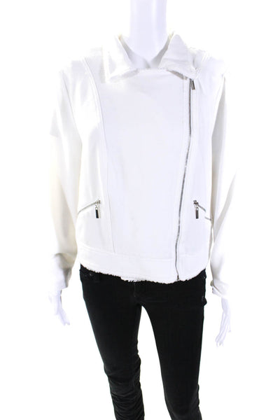 Bar III Womens Asymmetrical Fringe Crepe Crop Moto Jacket White Size XL