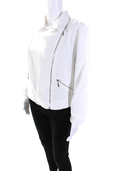 Bar III Womens Asymmetrical Fringe Crepe Crop Moto Jacket White Size XL