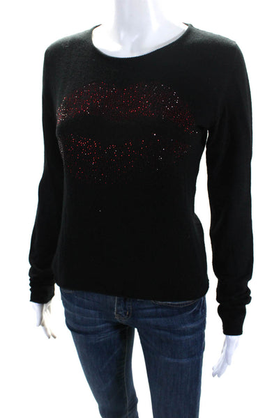 Lucien Pellat-Finet Womens Scoop Neck Crystal Lips Cashmere Sweater Black Medium