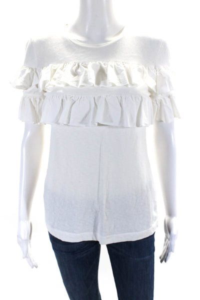 Tory Burch Womens Short Sleeve Ruffled Round Neck Shirt White Cotton Size XS