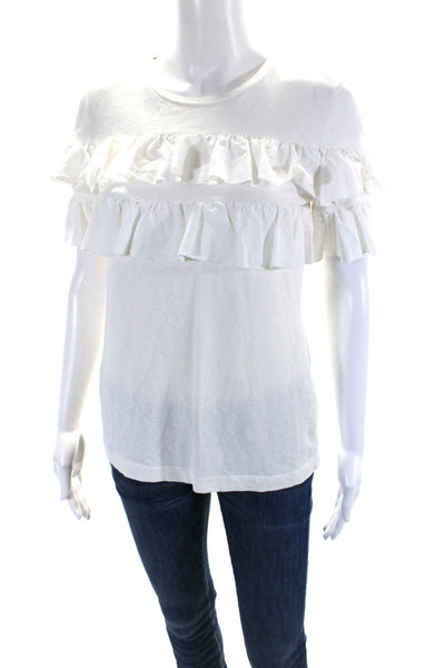 Tory Burch Womens Short Sleeve Ruffled Round Neck Shirt White Cotton Size XS
