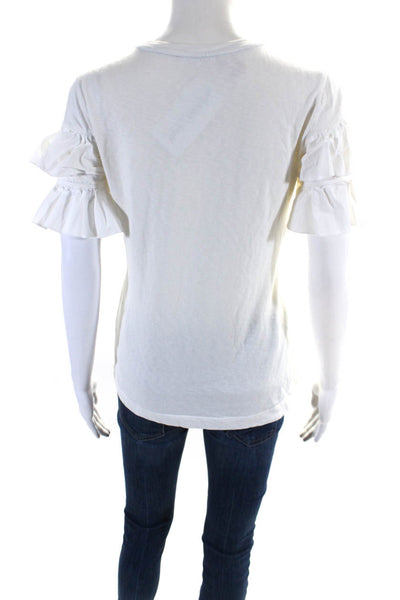 Tory Burch Womens Short Sleeve Ruffled Round Neck Shirt White Cotton Size XS