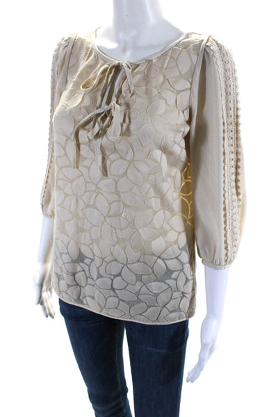 Tibi Womens 3/4 Sleeve Keyhole V Neck Lace Trim Blouse Top Beige Size 2