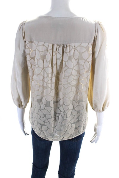 Tibi Womens 3/4 Sleeve Keyhole V Neck Lace Trim Blouse Top Beige Size 2