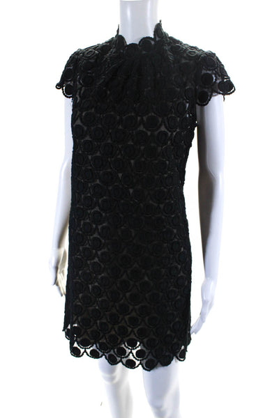 Milly Womens Short Sleeve Crew Neck Sheer Embroidered Dress Black Cotton Size 2