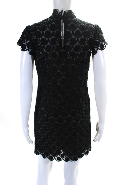 Milly Womens Short Sleeve Crew Neck Sheer Embroidered Dress Black Cotton Size 2