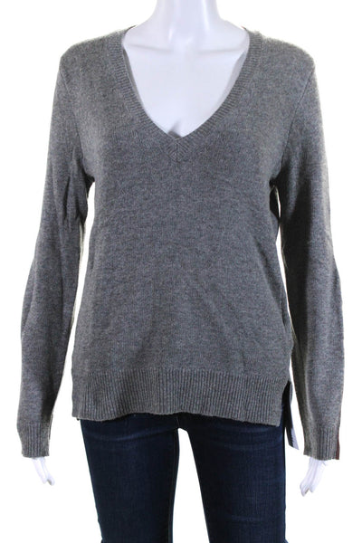 J Crew Womens Long Sleeve Leather Trim V Neck Sweater Gray Wool Size Extra Small