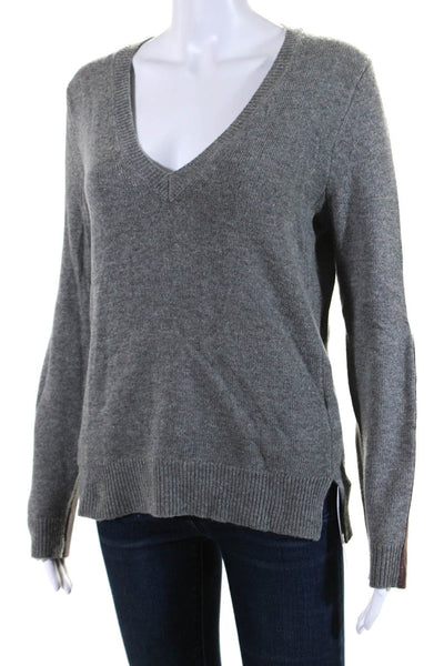 J Crew Womens Long Sleeve Leather Trim V Neck Sweater Gray Wool Size Extra Small