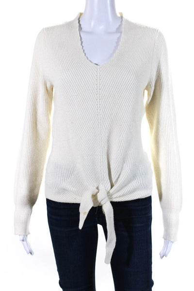 Moth Anthropologie Womens Ribbed Knit V Neck Tie Front Sweater White Size Small