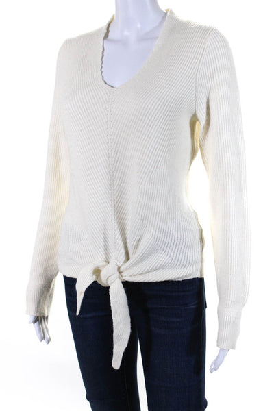 Moth Anthropologie Womens Ribbed Knit V Neck Tie Front Sweater White Size Small