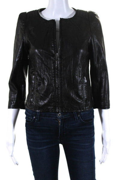 Mike & Chris Womens Front Zip 3/4 Sleeve Round Neck Leather Jacket Black Small