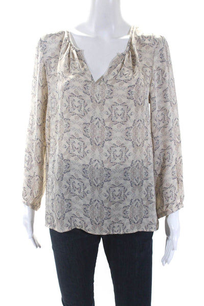 Joie Womens Cream Silk Butterfly Print V-Neck Long Sleeve Blouse Top Size XS