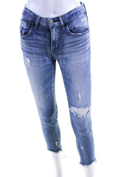 Moussy Womens Mid Rise Distressed Fringe Skinny Cropped Jeans Blue Size 25