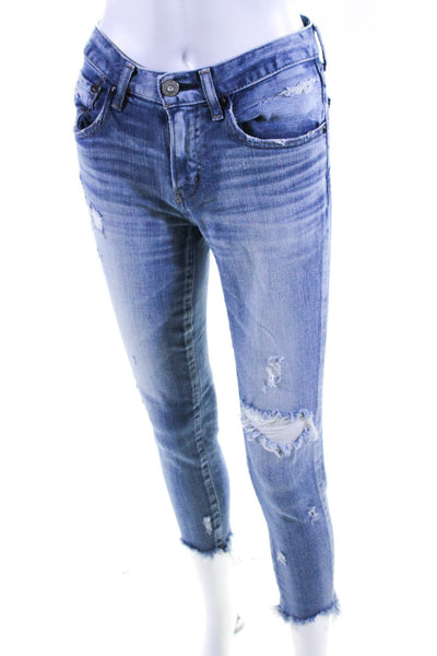 Moussy Womens Mid Rise Distressed Fringe Skinny Cropped Jeans Blue Size 25