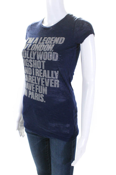 E.vil Womens Short Sleeve Crew Neck Rhinestone Legend Tee Shirt Navy Size Small