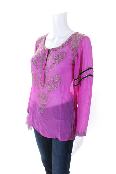 Yae Point Trapey Womens Long Sleeve Beaded Silk Sheer Top Pink Size Small