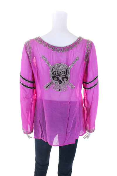 Yae Point Trapey Womens Long Sleeve Beaded Silk Sheer Top Pink Size Small