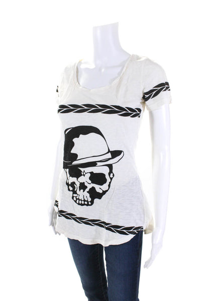 Sauce Womens Short Sleeve Scoop Neck Skull Tee Shirt White Black Cotton Size 2