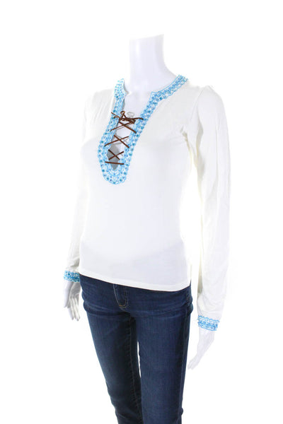 Amor & Psyche Womens Long Sleeve Lace Up V Neck Shirt White Blue Size Medium