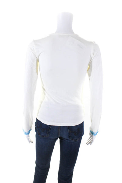 Amor & Psyche Womens Long Sleeve Lace Up V Neck Shirt White Blue Size Medium