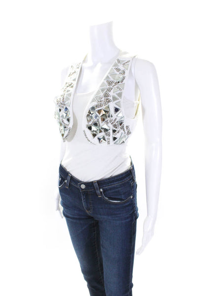 Derercuny Womens Open Front Crystal Beaded Cropped Vest Jacket White Size Small