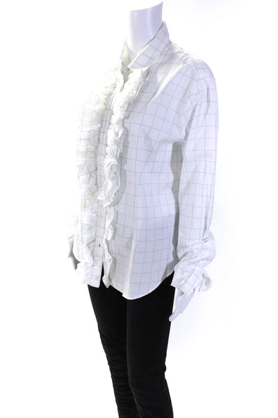 Hadleighs Womens White Cotton Window Pale Print Ruffle Button Blouse Top Size 50