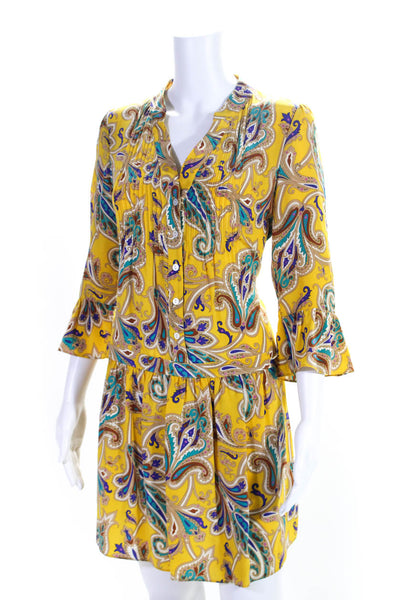 Tibi Womens Button Front 3/4 Sleeve Paisley Silk Dress Yellow Multi Size 2