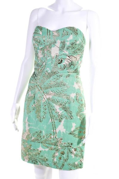 Milly Womens Sweetheart Metallic Printed Mini Dress Green White Wool Size 2