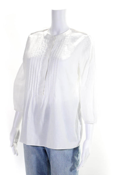 Tibi Womens 3/4 Sleeve Crew Neck Half Button Shirt White Cotton Size 2