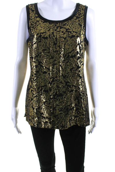 DKNY Womens Back Zip Sleeveless Scoop Neck Metallic Silk Top Black Gold Size 6