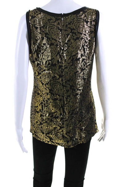 DKNY Womens Back Zip Sleeveless Scoop Neck Metallic Silk Top Black Gold Size 6