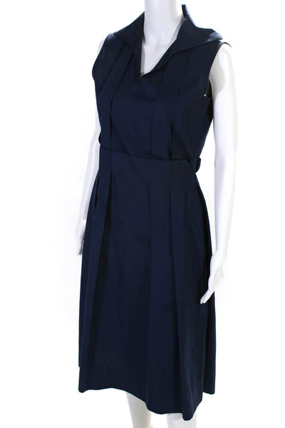 Marni Womens Navy Blue Collar V-Neck Pleated Sleeveless Shift Dress Size 38