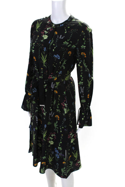 Altuzarra Womens Black Floral Silk Crew Neck Long Sleeve Shift Dress Size 36
