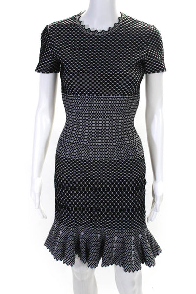 Alaia Womens Black Textured Printed Crew Neck Short Sleeve Mermaid Dress Size 38