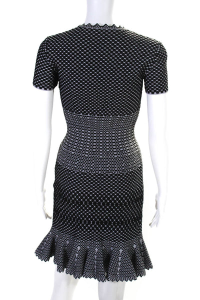 Alaia Womens Black Textured Printed Crew Neck Short Sleeve Mermaid Dress Size 38