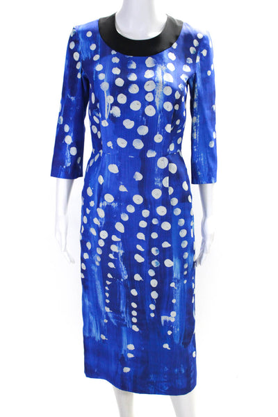 Marni Womens Blue Silk Printed Crew Neck 3/4 Sleeve Shift Dress Size 36