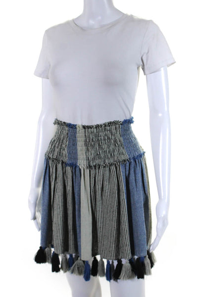 Apiece Apart Womens Smocked Waistband Tassel Striped Skirt Blue White Size 0