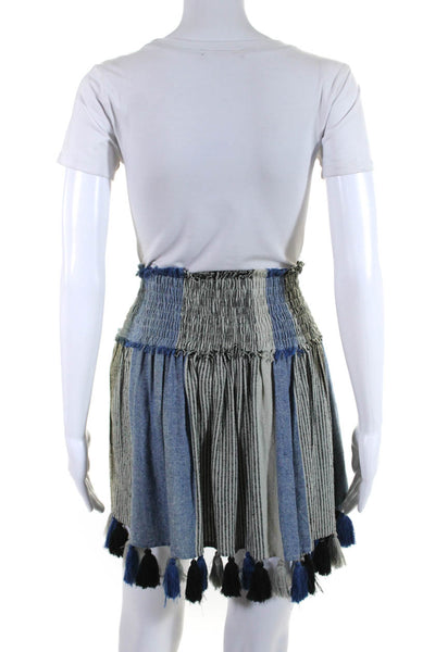 Apiece Apart Womens Smocked Waistband Tassel Striped Skirt Blue White Size 0