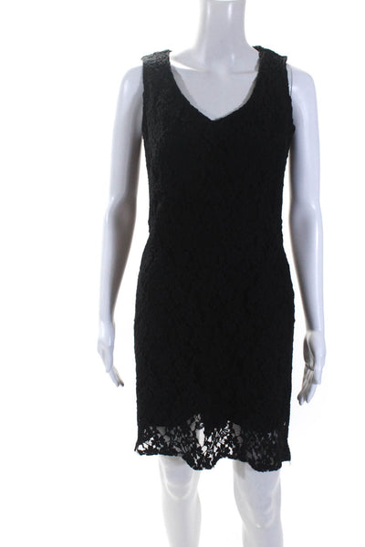 DKNY Womens Cotton Floral Lace Layered V-Neck Zipped Dress Black Size 4