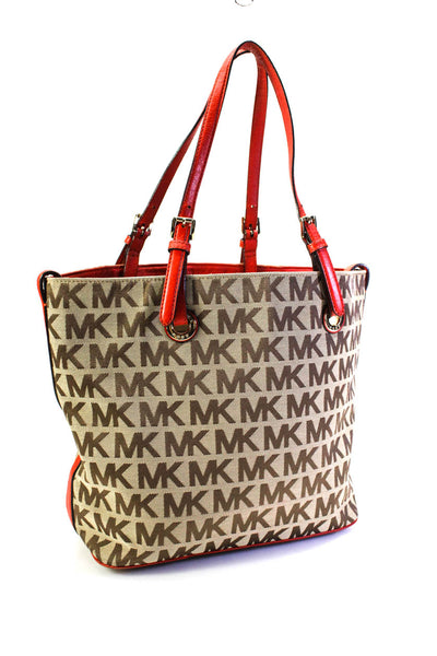 Michael Michael Kors Womens MK Monogram Canvas Tote Handbag Brown Red