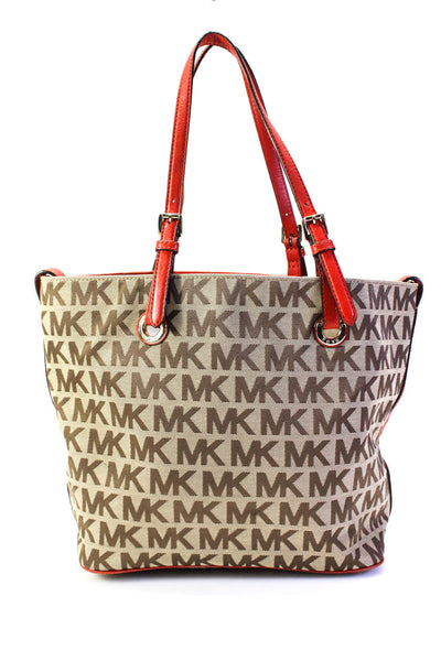 Michael Michael Kors Womens MK Monogram Canvas Tote Handbag Brown Red