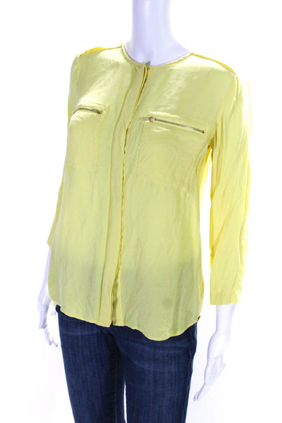 Theory Women's Round Neck Button Down Long Sleeves Silk Blouse Yellow Size S