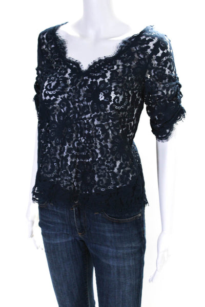 Joie Women's V-Neck Short Sleeves Unlined Lace Blouse Navy Blue Size XS