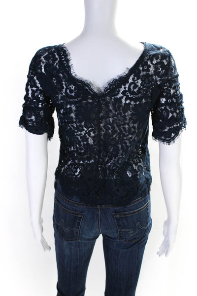 Joie Women's V-Neck Short Sleeves Unlined Lace Blouse Navy Blue Size XS