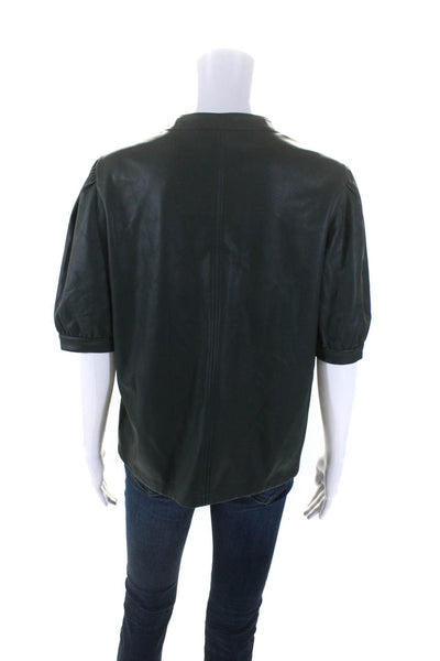 Steve Madden Womens Short Sleeve Faux Leather Y Neck Top Blouse Dark Green XL