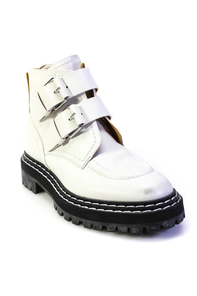 Proenza Schouler Womens Double Buckle Ankle Combat Boots White Leather Size 38.5