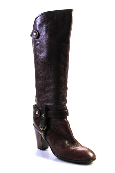 Hogan Womens Leather Buckle Detail Round Toe Knee High Boots Brown Size 40 10