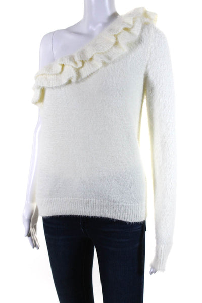 Do+Be Womens One Shoulder Long Sleeve Ruffled Knit Sweater White Size Small